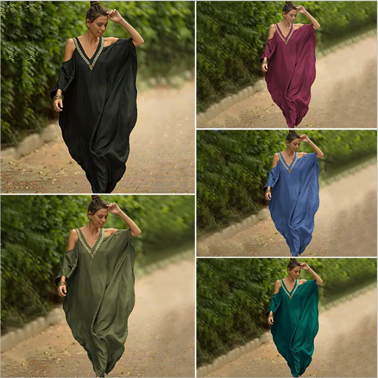 

New Embroidered Front and Rear V-neck Off Shoulder Beach Skirt Loose Suspender Sun Protection Cover Swimsuit