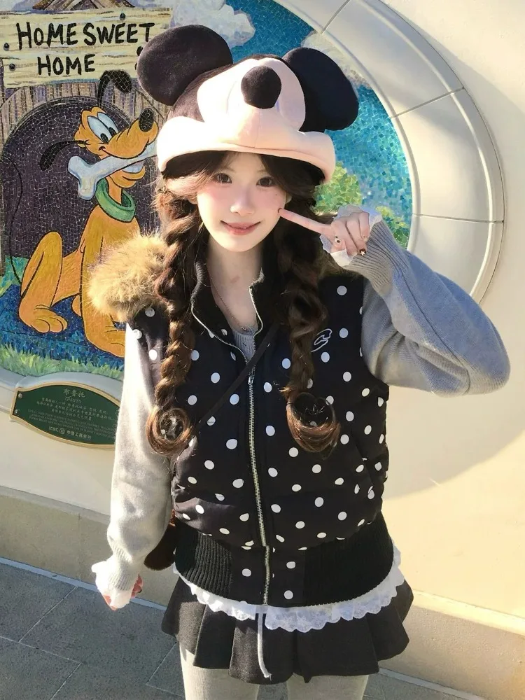 American Vintage Polka Dot Detachable Jacket Vest Women Y2K Sweet Loose Outwear Winter Harajuku Fashion Sleeveless Coat New