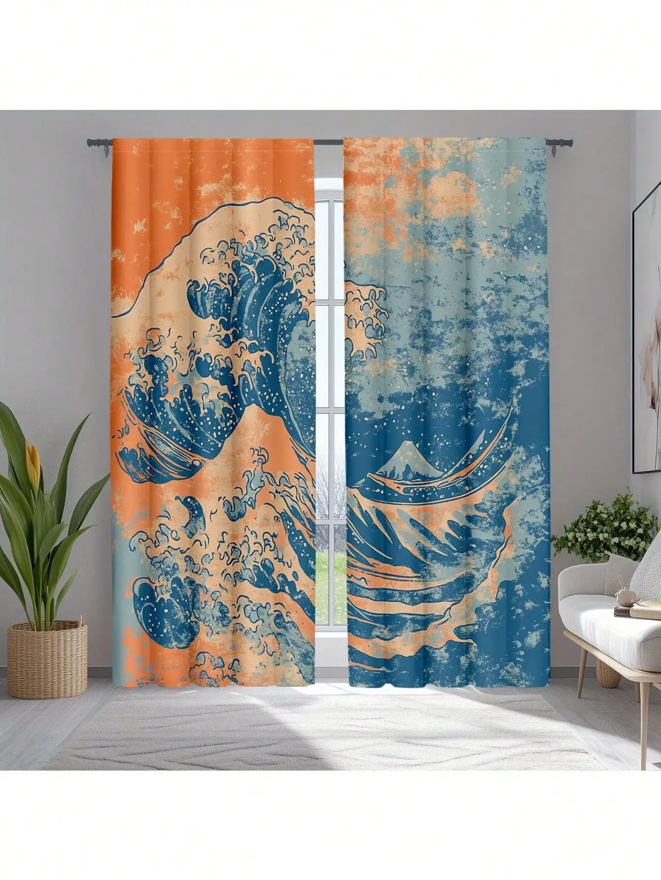 2pcs Japanese Anime Landscape Curtains, Red Sun And Big Wave Rod Pockets - Traditional Style, Semi-Transparent, Polyester
