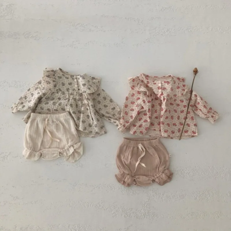 2026 Summer New Baby Long Sleeve Clothes Set Infant Girl Cute Floral Princess Shirts + Shorts 2pcs Suit Toddler Loose Outfits