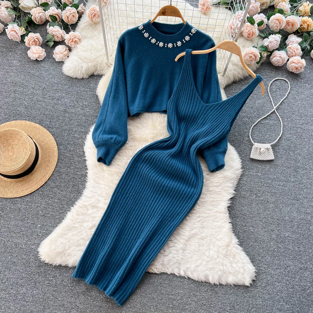 Neue Frauen ärmelloses Kleid gestrickt zweiteilig Set Mode Perlen Perle Langarm Croppde Sweater Schal gestrickt Camis Kleid Sets