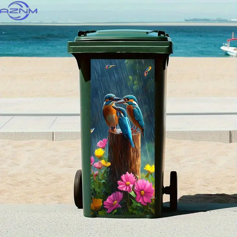 1PC1pc Luxury Peel-and-Stick Trash Can Stickers - Three Kingfishers on Stump with Colorful Flowers in Rain Design, High-Gloss