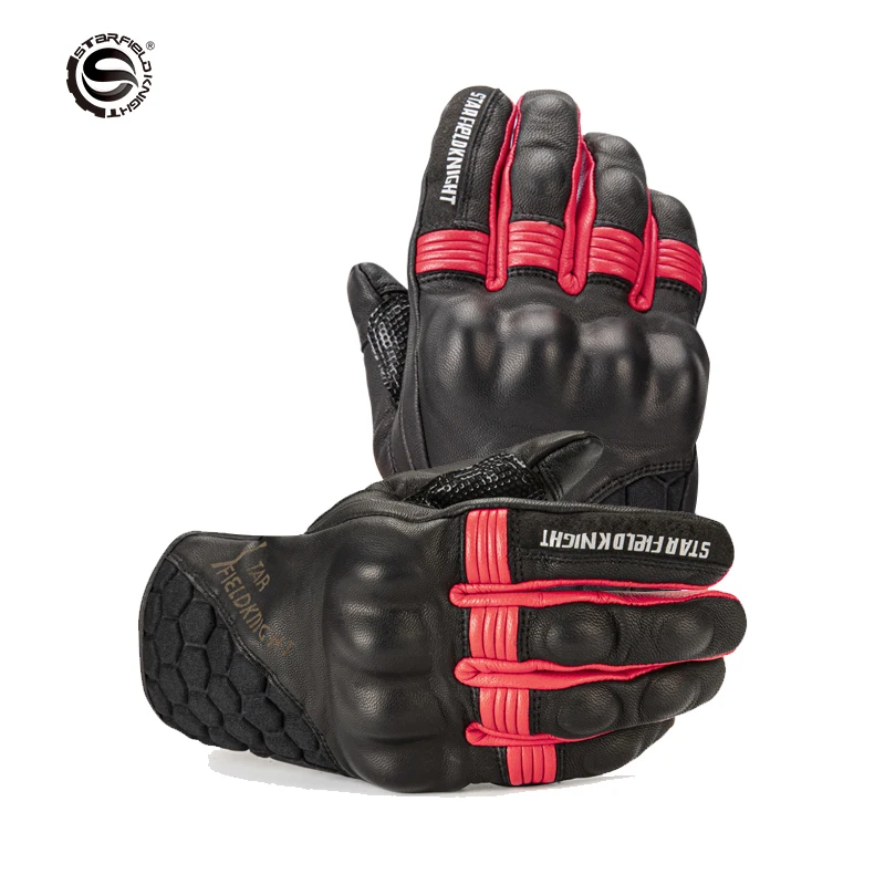 SFK Black&red Motorcycle Gloves Real Goatskin Leather Non-slip Gloves Carbon Fiber Riding Protection Breathable Wear-resistant