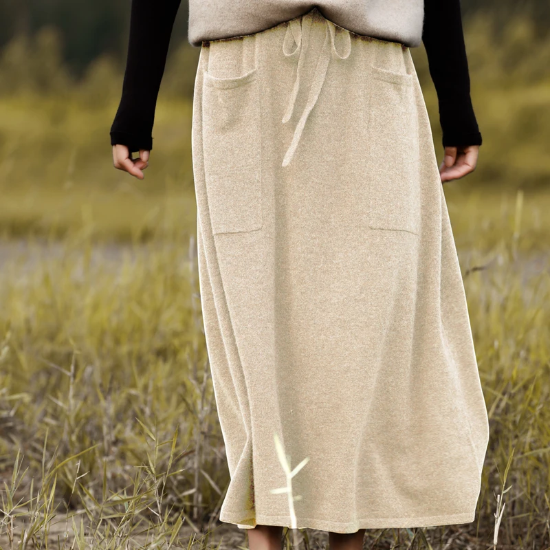 Autumn And Winter Wool Long Skirt Female High Waist Solid Color Buckle Joker Double Pocket Skirt Loose Slim Cashmere Knit Skirt