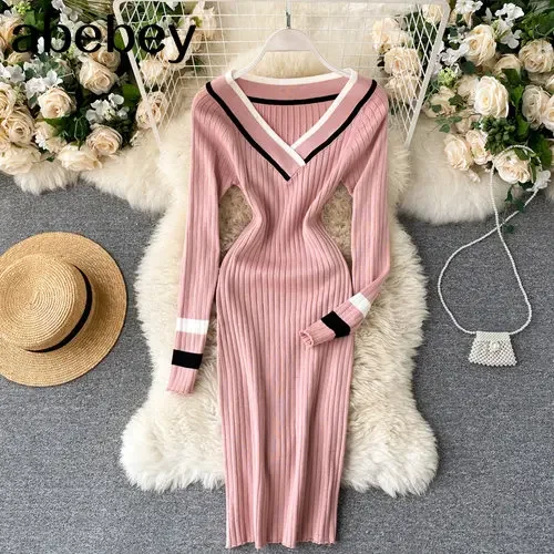 Spring Colorblock Elegant Pencil Dress Women V Neck Elastic