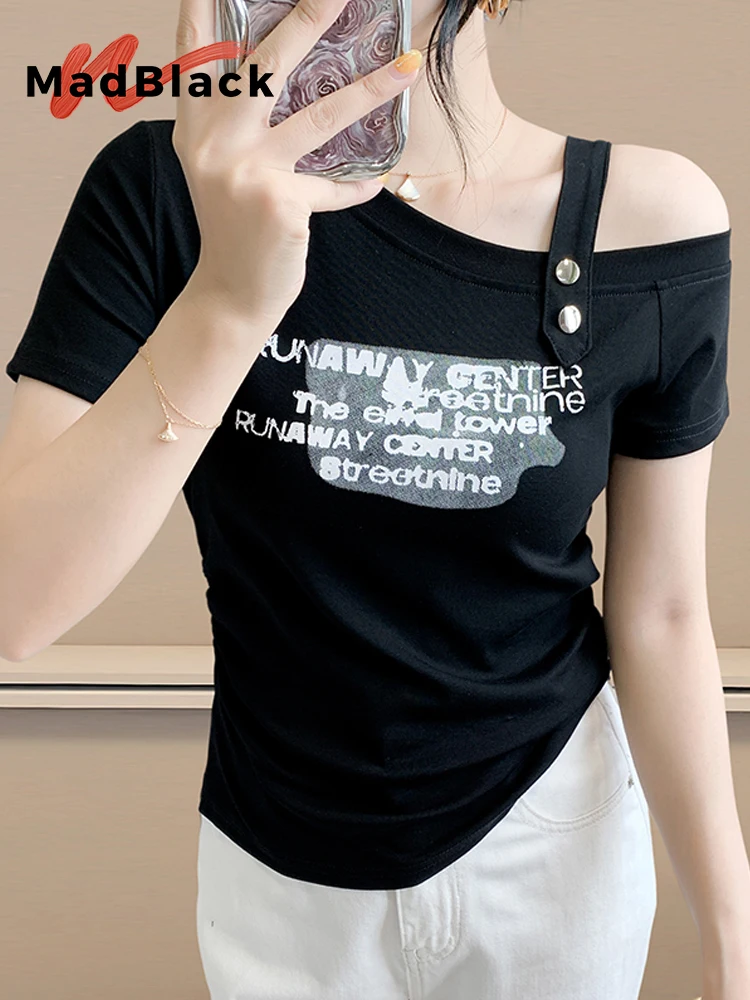 

MadBlack-Women European T-Shirt, Sexy Skew Collar Letter Print, Fashion Short Sleeve Off Shoulder Slim Tee, 2025 Summer T55908CC