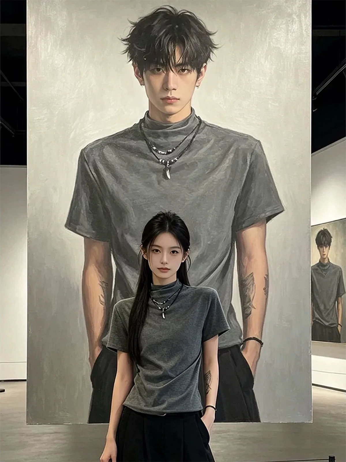 Cleanfit Grey Slim Fit Short Sleeve T-Shirt Half High Collar Men's Summer Thin Wide Version Shoulder Pressed Pleat Casual Top
