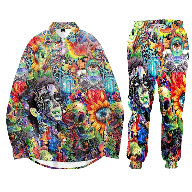 3D Skull Sunflowe Printed Men Hooded Pants Sweater Set Male Sportswear Tracksuit Long Sleeve Men Clothing Suit Autumn Winter