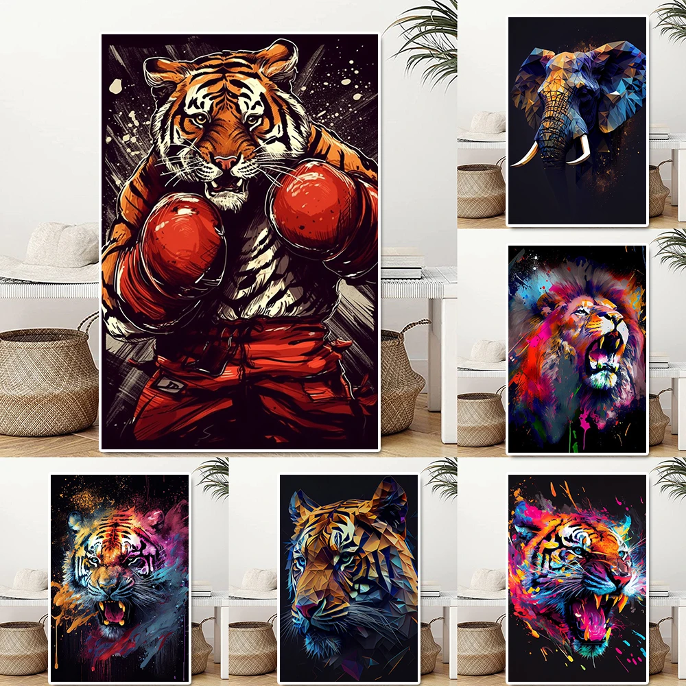 

Abstract Tiger Boxing Comic Poster Lion Graffiti Canvas Painting Elephant Watercolor Wall Art Gaming Room Home Decoration Gift