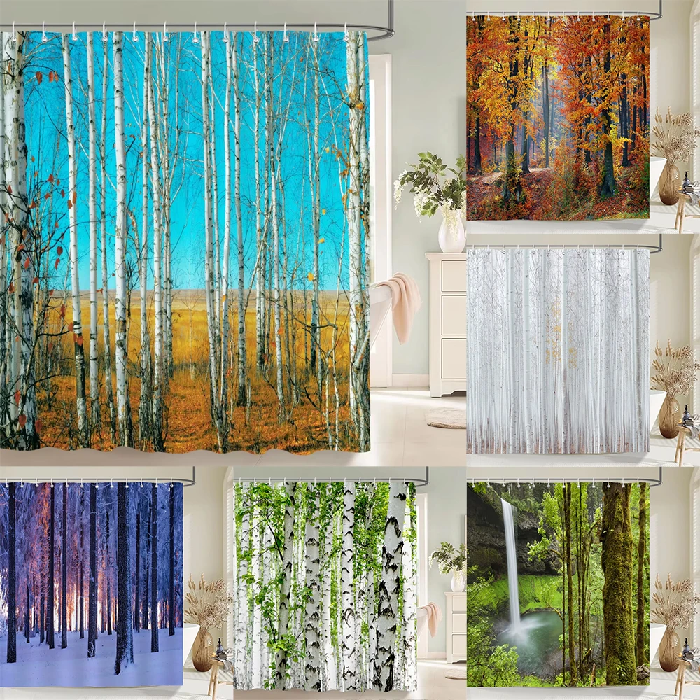 

Birch Forest Trees Shower Curtain Natural Landscape Prints Fabric Waterproof Polyester Bathroom Curtains Decoration with Hooks