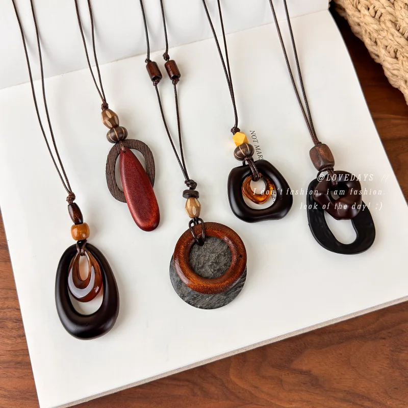 Necklace Wooden Geometric Long Sweater Chain Adjustable Brown Leather Cord Pendant Women Retro Ethnic Lightweight Daily Party