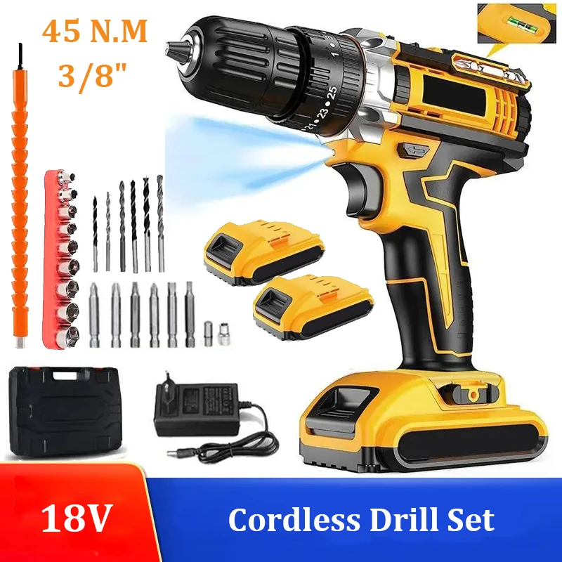 18V Cordless Drill Set Electric Screwdriver 45N.M Impact Drill 3/8