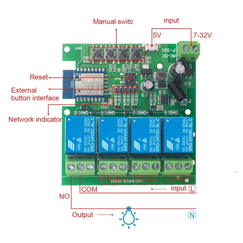 ABAC-Wifi Беспроводной переключатель Смарт-модуль 4-канальный DC7V-32V Инчарованный самоблокирующийся RF433 10A Реле Smart Life Управление через приложение Tuya