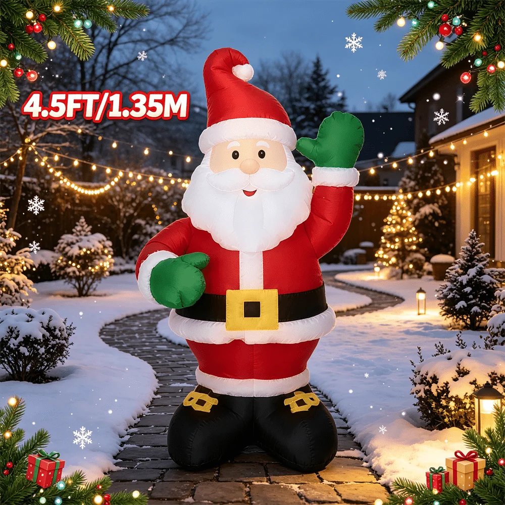 4.5FT Xmas Inflatable Toy Santa Claus with Green Gloves Classic Red Outfit with Light Courtyard Garden Holiday Party Decoration