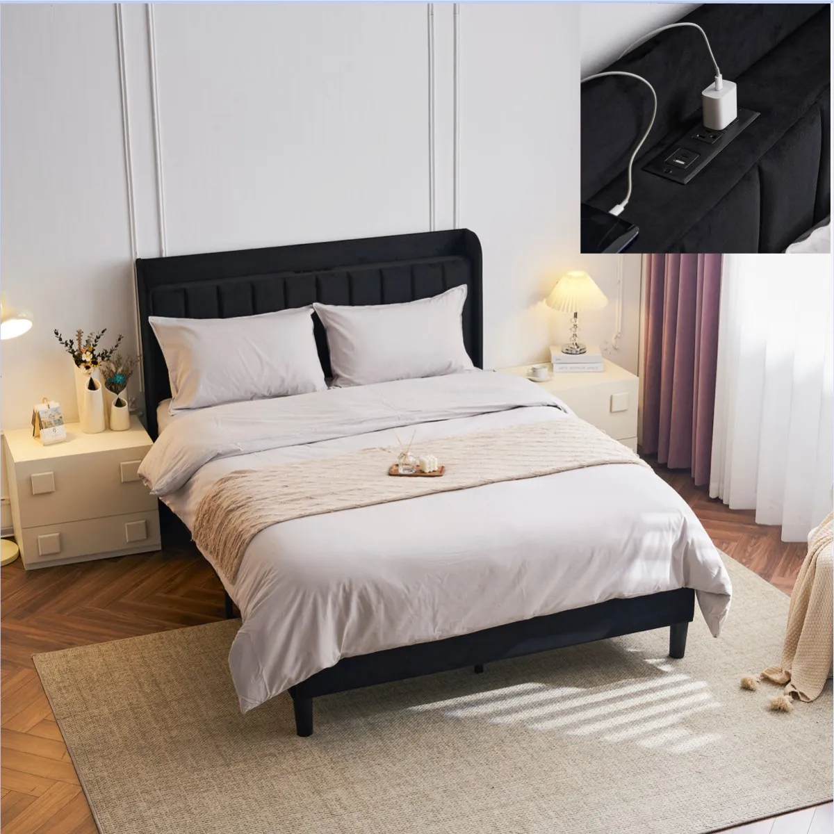 

Velvet Bed Frame with Charging Station and Storage Shelf, Upholstered Platform Bed with Vertical Channel Tufted Headboard