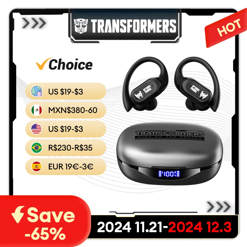 TRANSFORMERS TF-T26 Pro Earhook Wireless Earphones Noise Reduction HiFi Music Earbuds Long Endurance Sport LED Display Headphone