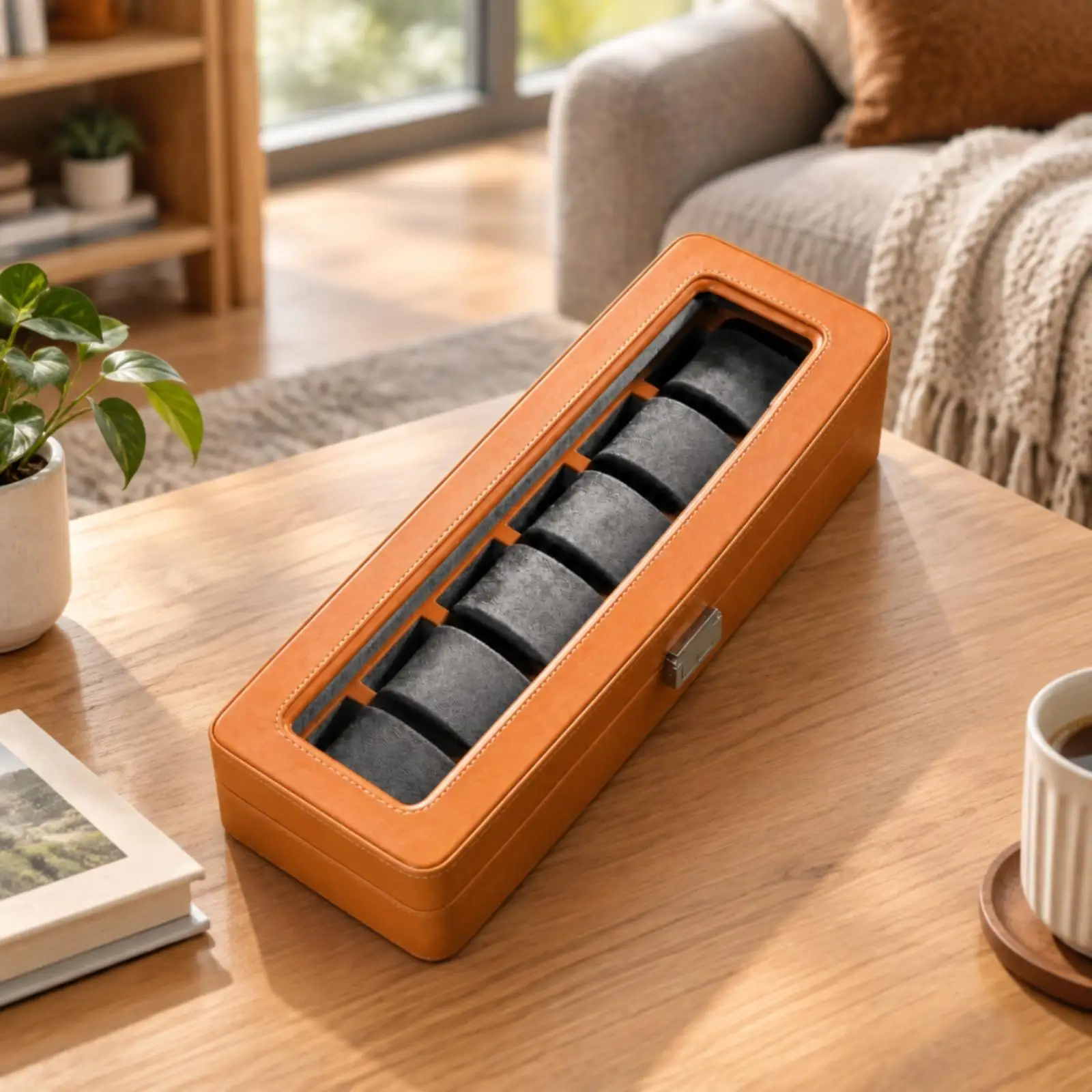 Elegant Synthetic Leather Watch Case with Individual Watch Pillows and Hinged Glass Lid for Showcase Storage