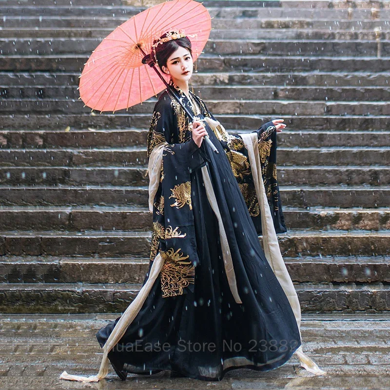 WATER Black Hanfu Women Female Black Ancient Style Cross Collar Waist Length Ru Skirt Gilded Large Sleeved Shirt Couple Set