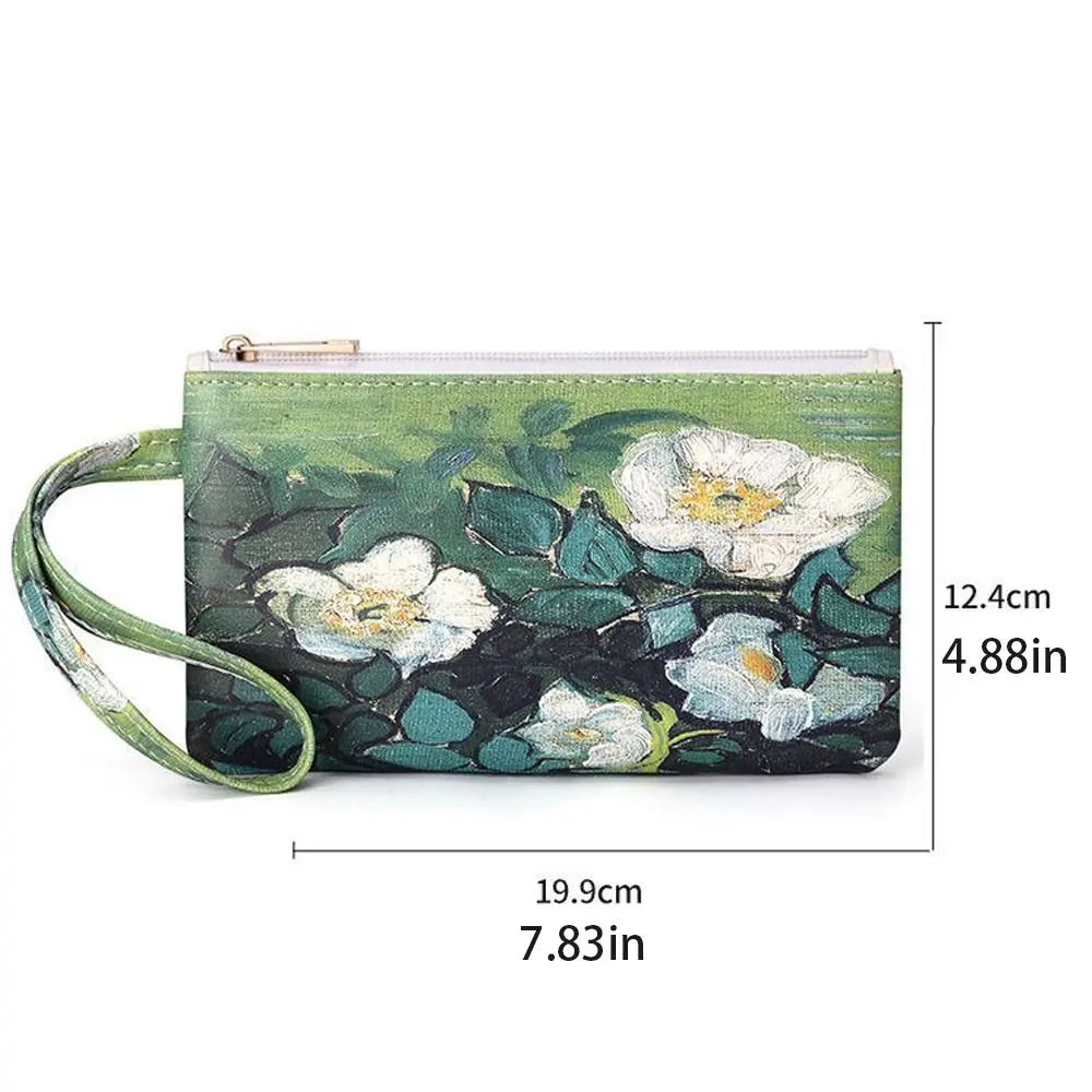 Zipper PU Leather Coin Purse Wallet Rectangle With Lanyard Makeup Lipstick Bag Card Holder Ins Style Korean Flower Wrist Handbag