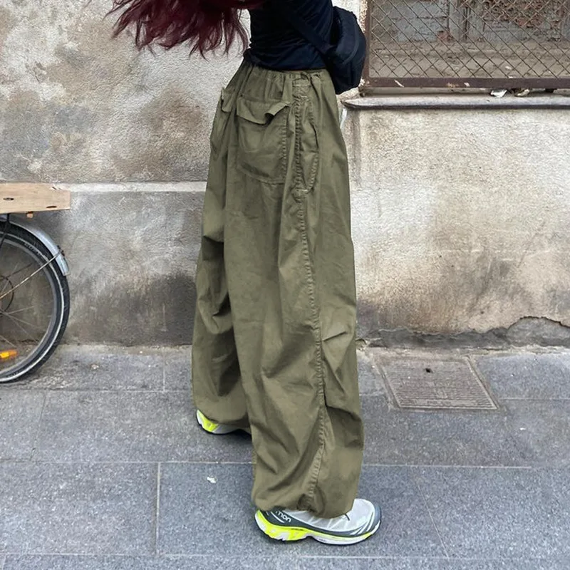 QWEEK Techwear Sweatpants Women Baggy Hip Hop Parachute Cargo Pants Y2k Low Waist Streetwear Casual Loose Wide Leg Joggers Pants