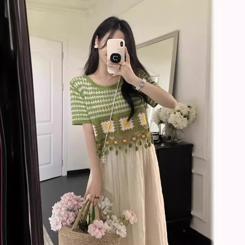 Literary Retro Ethnic Style Crop Tops Short-sleeved Tassel Hollowed Knit Sweater Blouse Women Summer Green Round Neck T-shirts