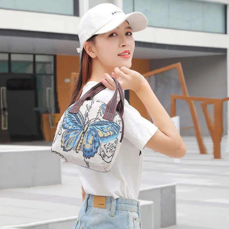 ISKYBOB Women Ethnic Handbags Travel Handle Zipper Canvas Tote Retro Animal Butterfly Elephant Owl Embroidery Cloth Coin Bag