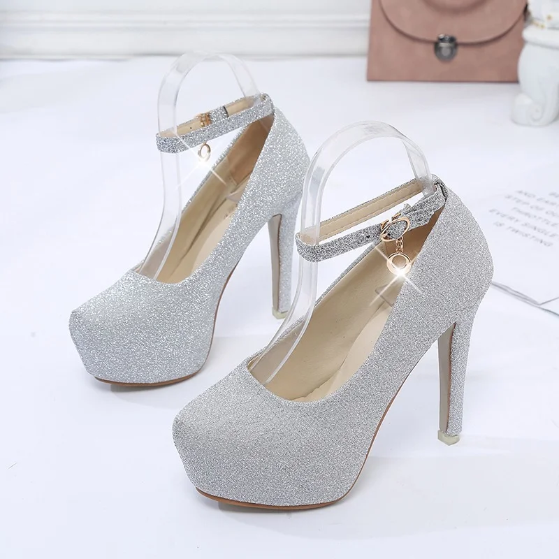 Fashion Wedding Shoes Women Super High Heels 12cm Bride Shoes Platform Fashion Pumps Catwalk Banquet Black Silver Spring Autumn