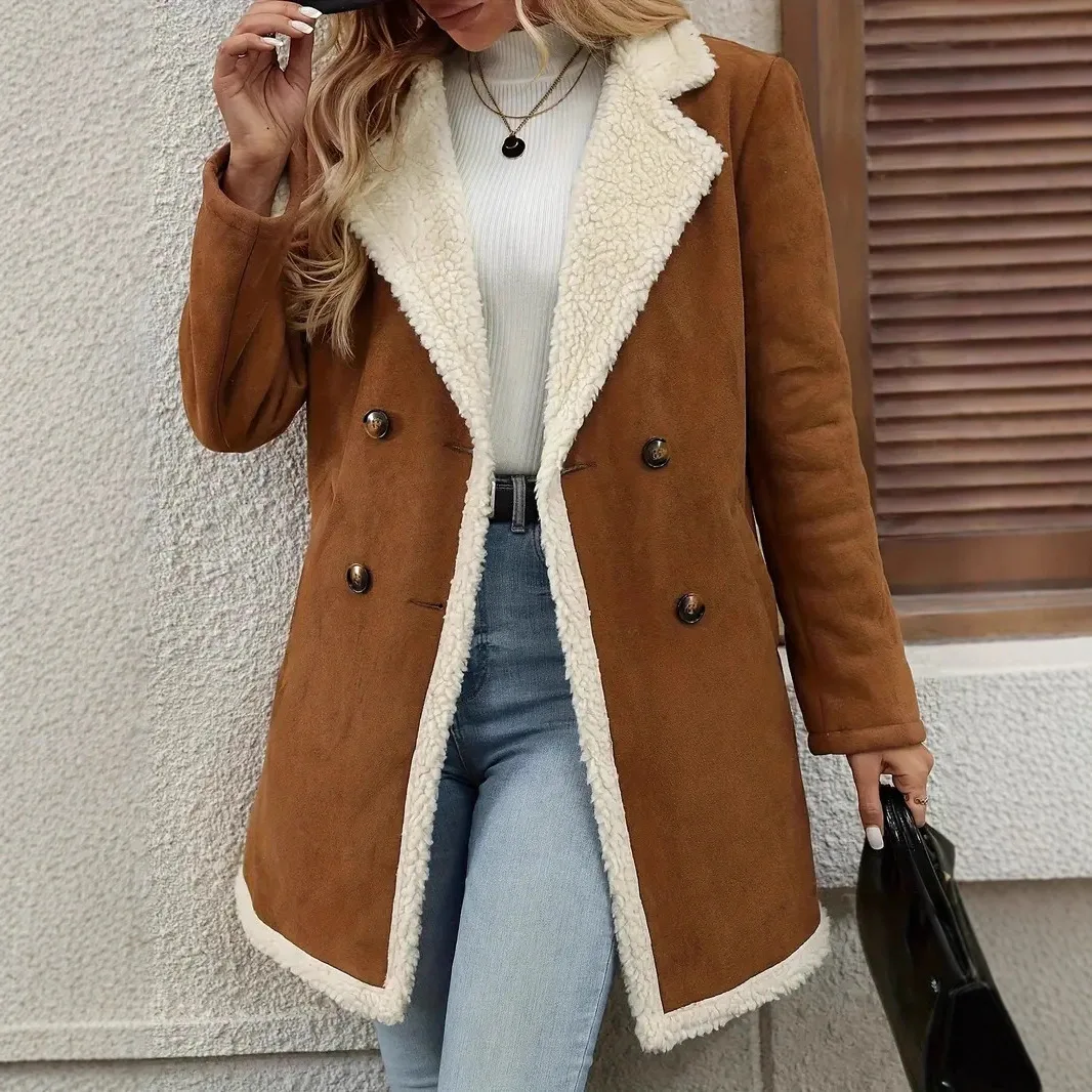 Autumn Casual Lapel Medium Length Coat Double Button Closure Long Sleeve Windbreaker Coat Winter Plaid Suede Jacket Women's