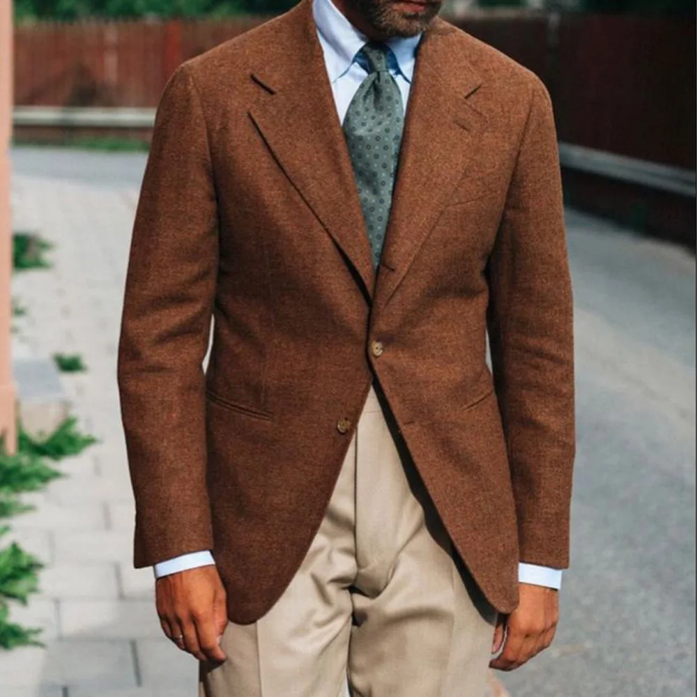 

Мужской твидовый пиджак из смеси шерсти, однобортный приталенный пиджак, деловой повседневный модный пиджак для свадьбы, офисной вечеринки, одежда