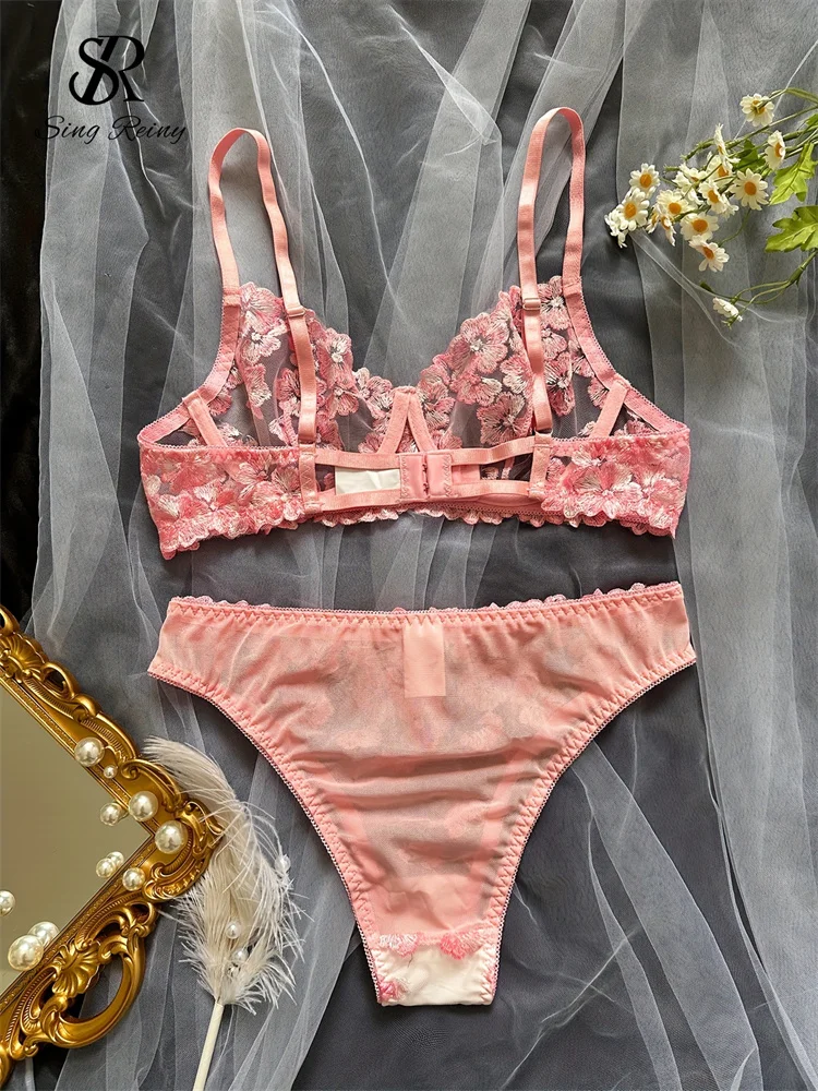 SINGREINY Mesh Sheer Lingerie Two Pieces Suits French Floral Seusual Underwear Sets Women Embroidery Sexy Bra&Briefs Sets