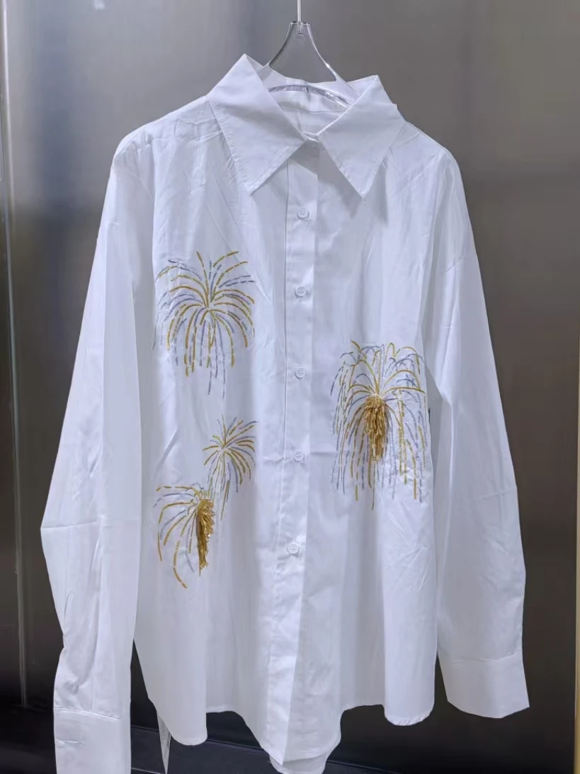 

Luxury Brand Design Embroidery Cotton Loose Casual Shirts Blouses For Women 2025 Trend Long Sleeve Single Breasted White Tops