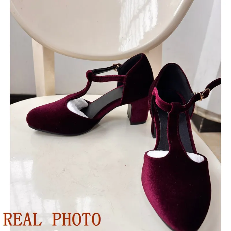 SIMLOVEYO Big size 44 45 46 strap sandals women wedding Shoes Buckle flock closed toe satin pumps shoes summer spring footwear