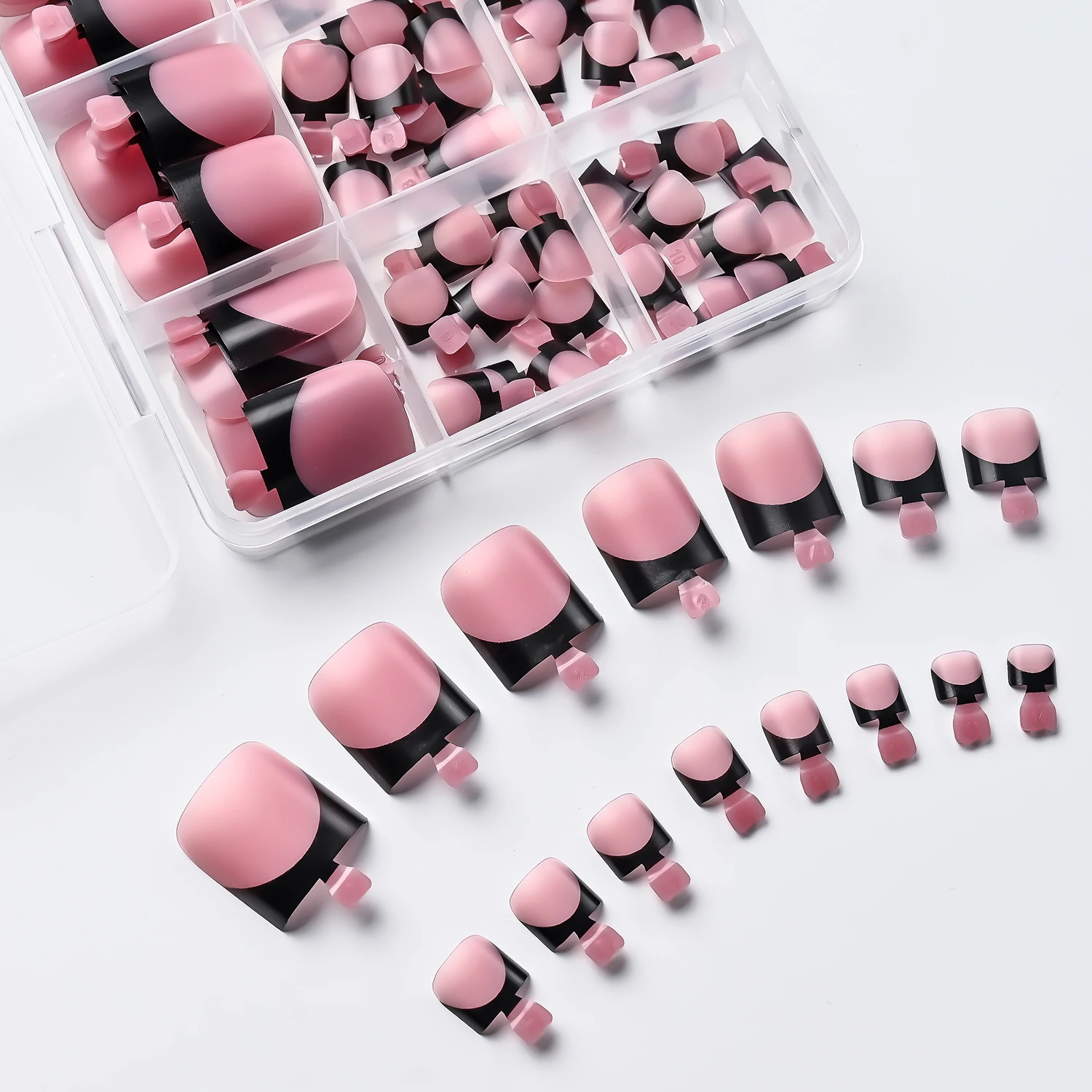 150 Stück schwarze, französische, rosarote, künstliche Zehennägel, kurze, quadratische, matte, schwarze, französische Press-On-Gel-Zehennägel, sommerlich tragbare, künstliche Nägel – Detail 4