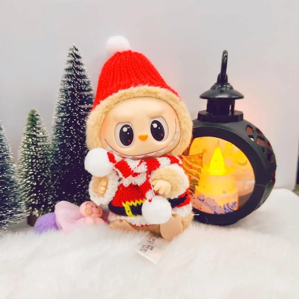 For 17 CM Mini Doll Clothes Outfit Accessories Christmas Sweater Scarf Hat Set For Labubu Cotton Doll Clothing Kid Girl Gift