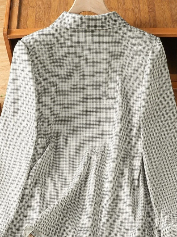 Koszule w kratę w stylu preppy z kokardą damskie 2025 jesień, koszule z kołnierzykiem, wiązane na kokardę, łączone falbanki, luźne bluzki, koreański szyk, uniwersalna bluzka