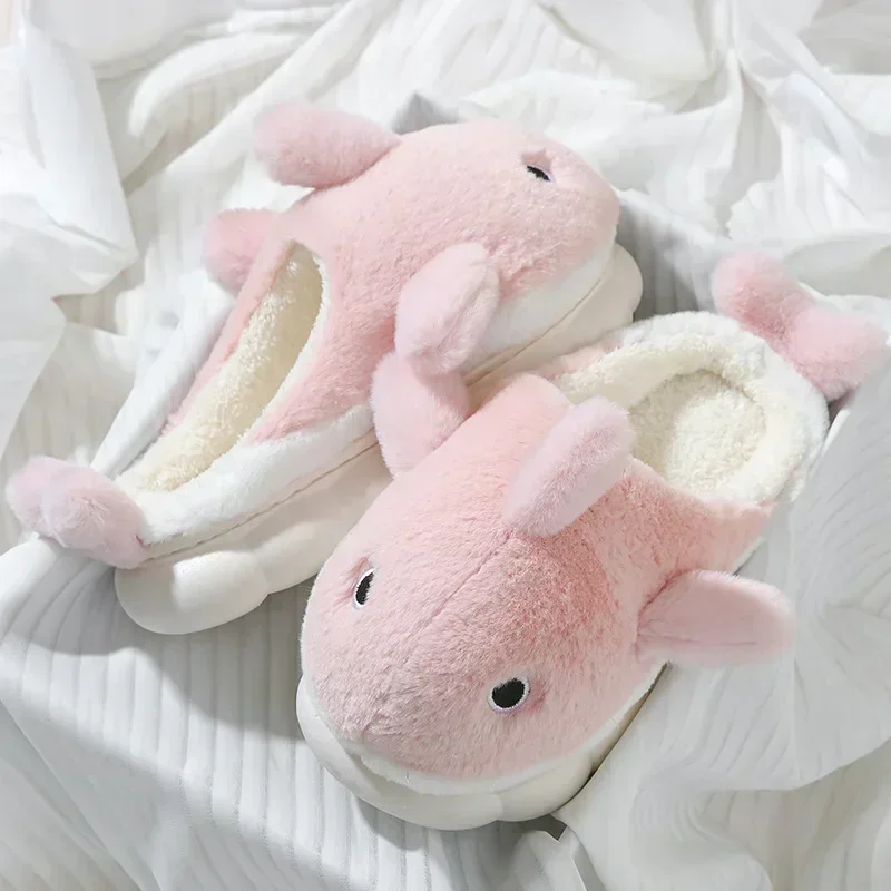 Cartoon Animal Whale Cotton Slippers Women's Soft Home Slipper  Winter Warm Non Slip Comfort Lovely Plush Couple Slippers