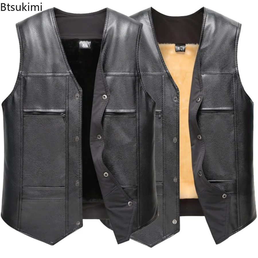 Autumn Winter New Men's Leather Vest Fleece Lining Warm Waistcoat Fashion V-neck Sleeveless Vest Jacket Handsome Motorcycle Vest