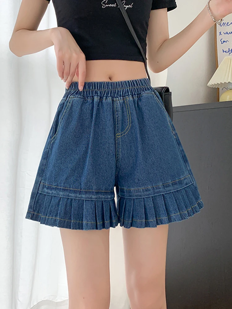 Loose Plus Size Women's Denim Shorts Skirts Summer Elastic Waist Wide Leg Jeans Shorts Woman Cotton Pleated Kawaii Short Pants image 3