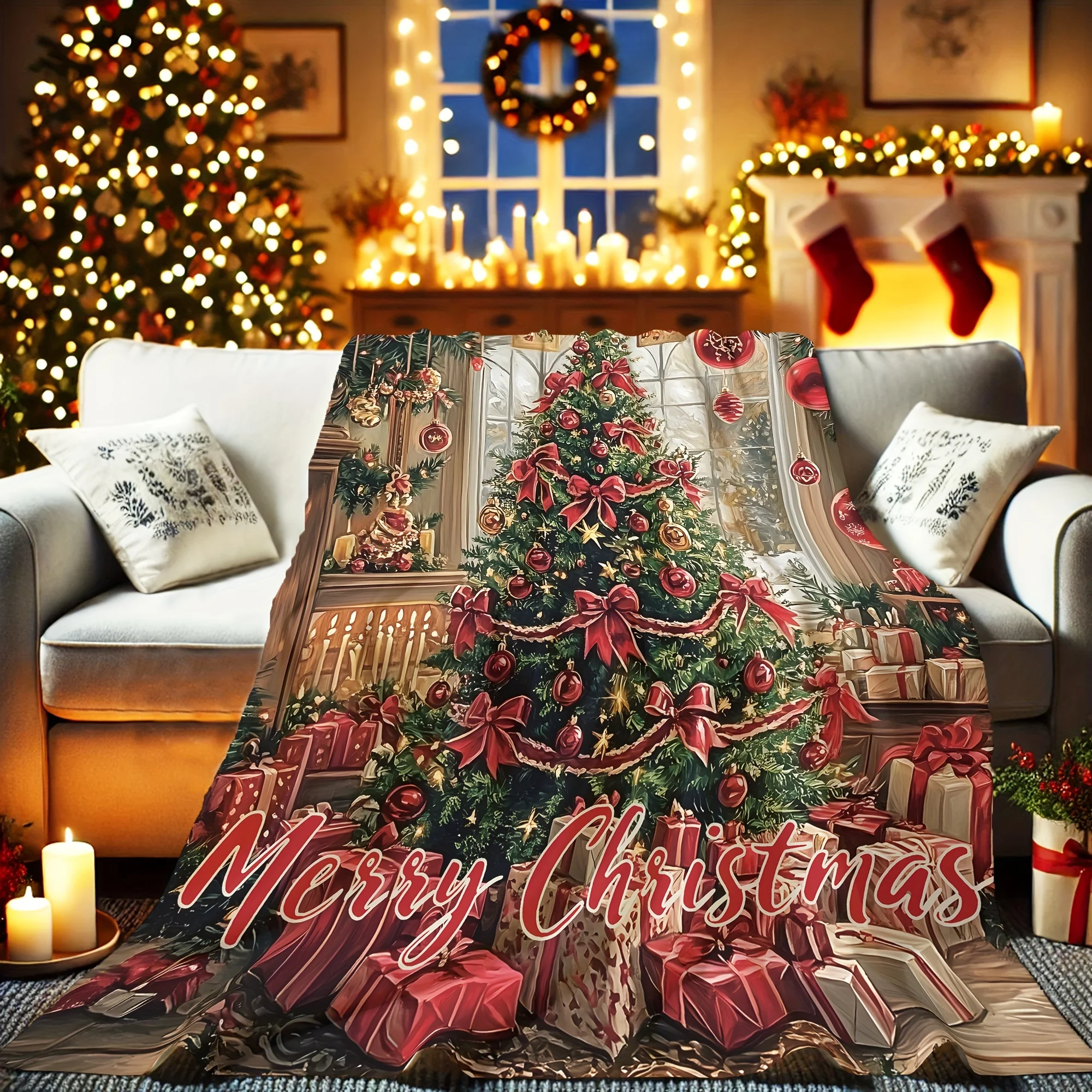 

Vintage Christmas Tree and Gifts Soft Flannel Throw Blanket Winter Green Digital Print Polyester Cover, All-Season Knitted Cozy