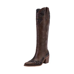 New women's fashion embroidery rivets pointed high heels Western boots, cowboy boots, fashion boots