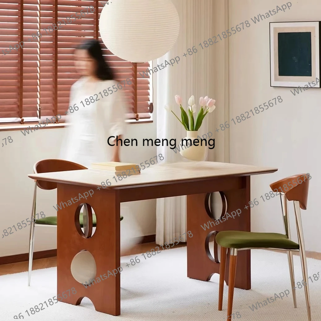 B567 Travertine rock slab dining table boxwood solid wood medium ancient style long wood grain table