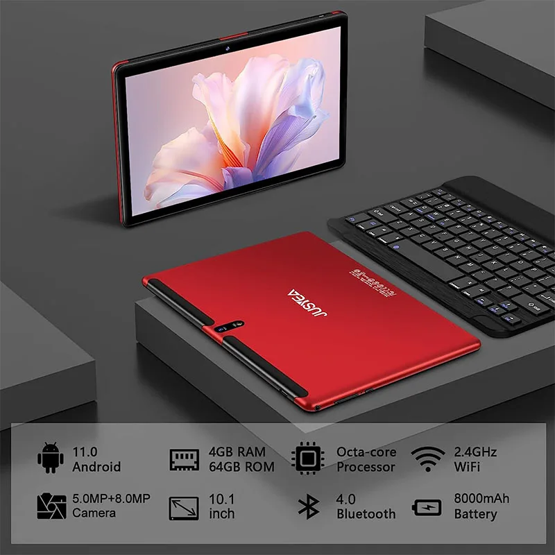 JUSYEA-J5 Tablet Android 11, Octa Core, 10.1 ", 4 + 64GB, 8000 mAh, PC, 120Hz, Display LCD 2.5K, Tablet Vermelho, Versão Global