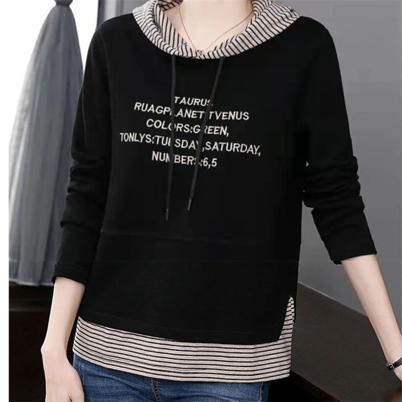 Women Korean Style Letter Print Striped Patchwork Hooded Sweatshirts Casual Streetwear Drawstring Hoodies Long Sleeve Loose Tops