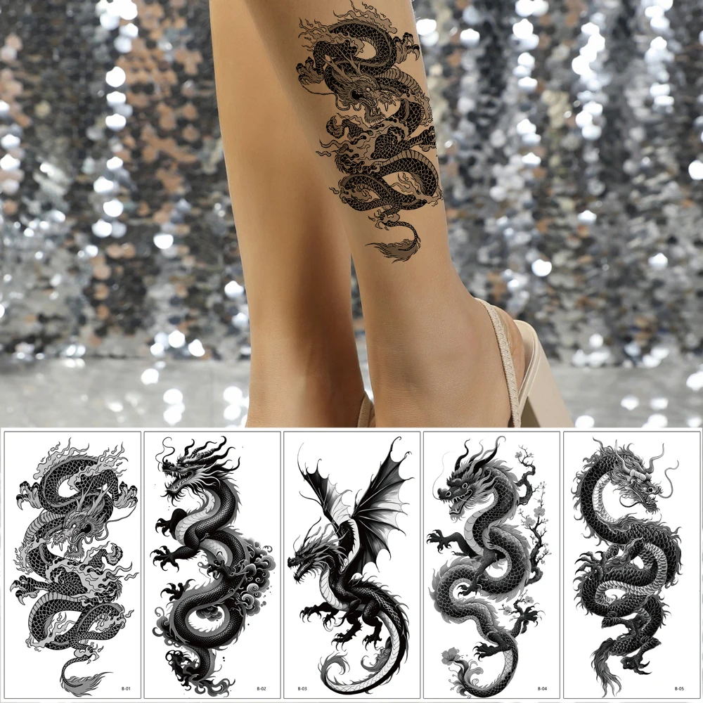 5Pcs Waterproof Dragon Pattern Tattoo Stickers Men's Temporary Tattoo Stickers Fake Tattoo for Women Hand Arm Chest Body Art