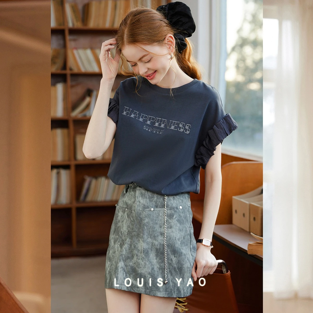 

Drop Shoulder Sleeve Shrunken Styling T-shirt 2025 Summer Women's Tops Round Neck Letter Embroidery Women's T-shirt Clothing