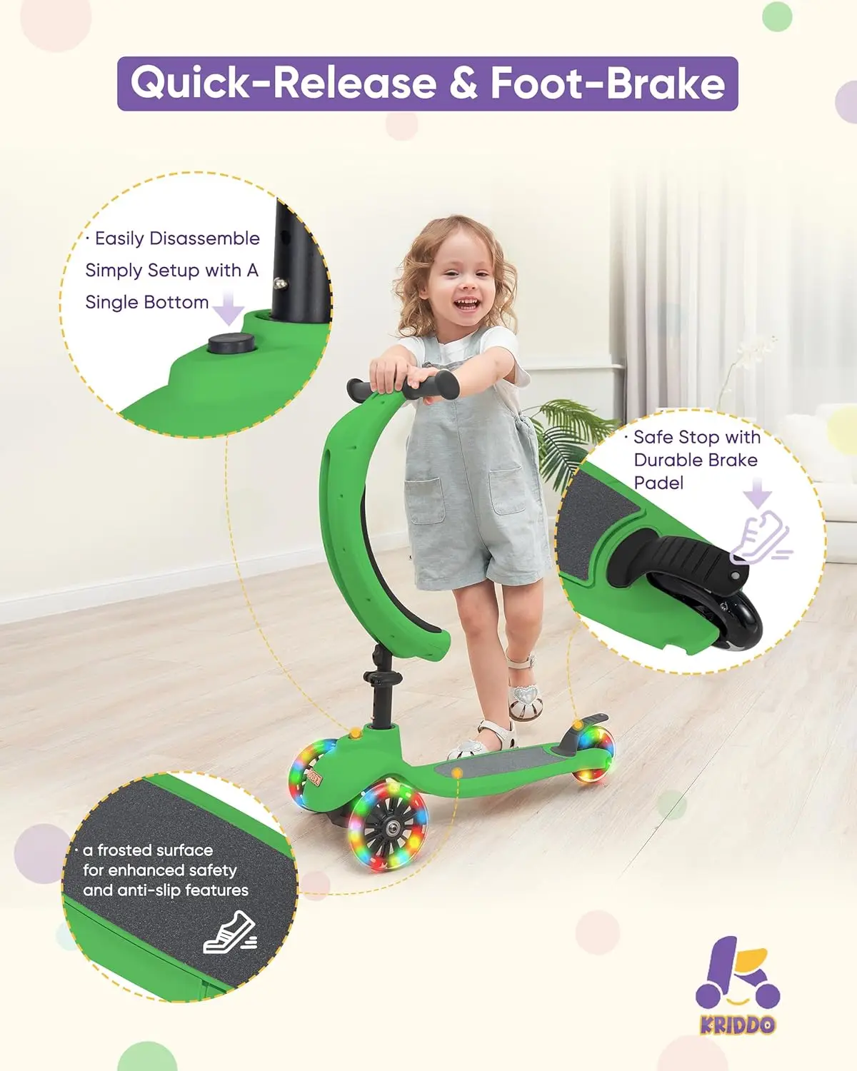 Trottinette Pliante 5 en 1 pour Enfants de 1 à 5 Ans, avec 3 Roues Éclairées, Planche Large sur Pied, Réglable, Recommandée, Apprendre