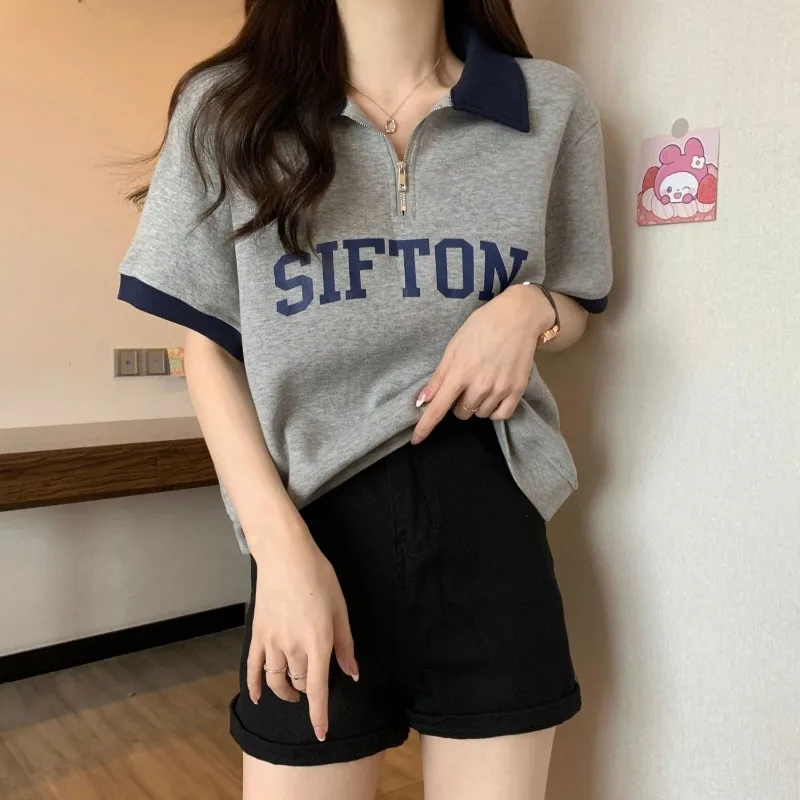 Nice Women Clothes Summer Korean Loose Letter Color Blocking Polo Collar Short Sleeve Femme All-match Commuting Appear Thin Card