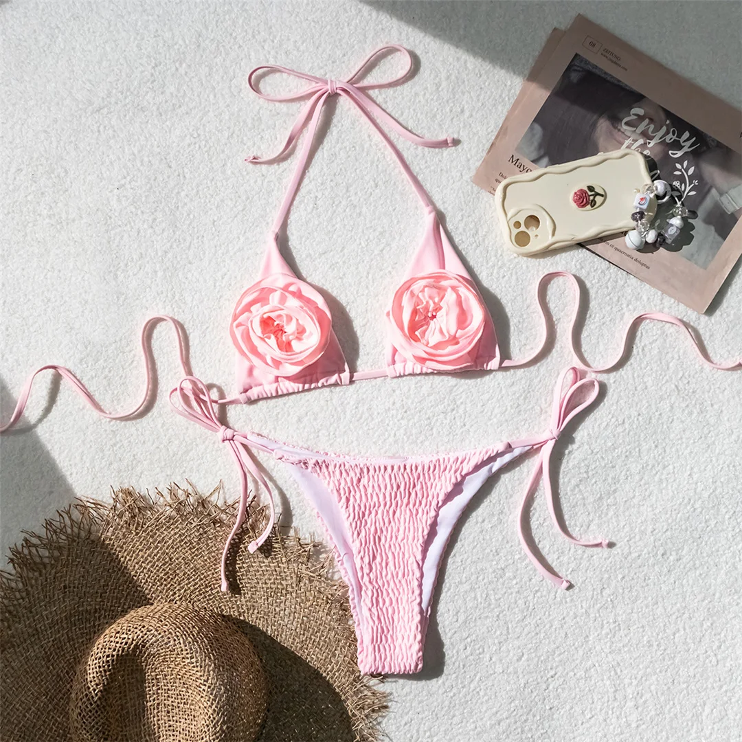 Damen-Bademode, 3D-Blumen, Neckholder, geraffte Träger, Bikini mit Schnürung, zweiteiliger Bikini-Set, Badeanzug, Badebekleidung, Schwimmkleidung V6135 – Detail 7