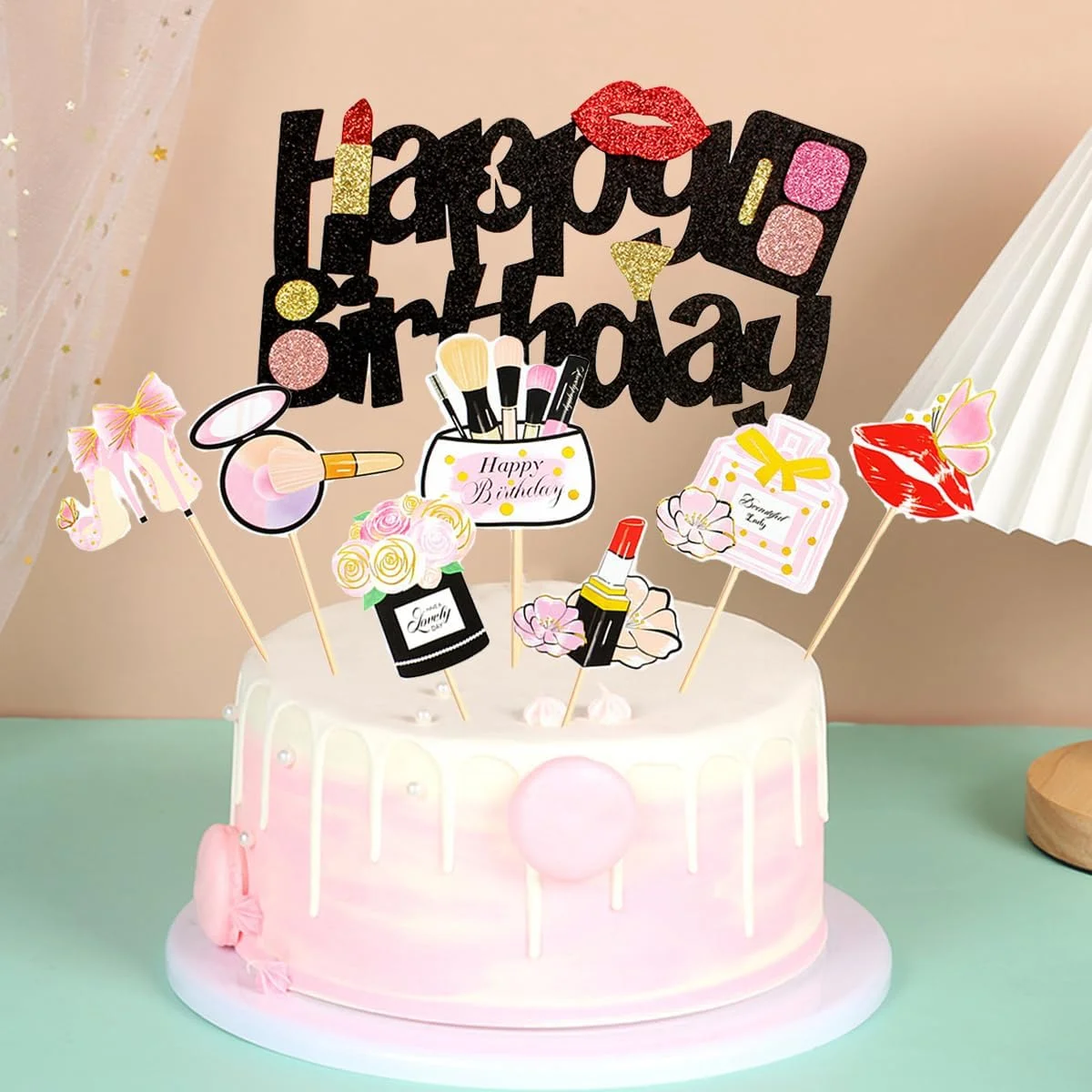 4 Stück Kunstharz-Kosmetik-Kuchenaufsätze – Lippenstift- und Parfümdekoration für Make-up-Thema, Braut, Bachelorette, Geburtstagsparty-Zubehör – Detail 18