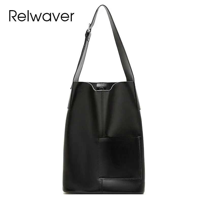 

Relwaver tote bag genuine leather black brown soft big shoulder bag 2026 spring commuting ladies handbag brief underarm bag